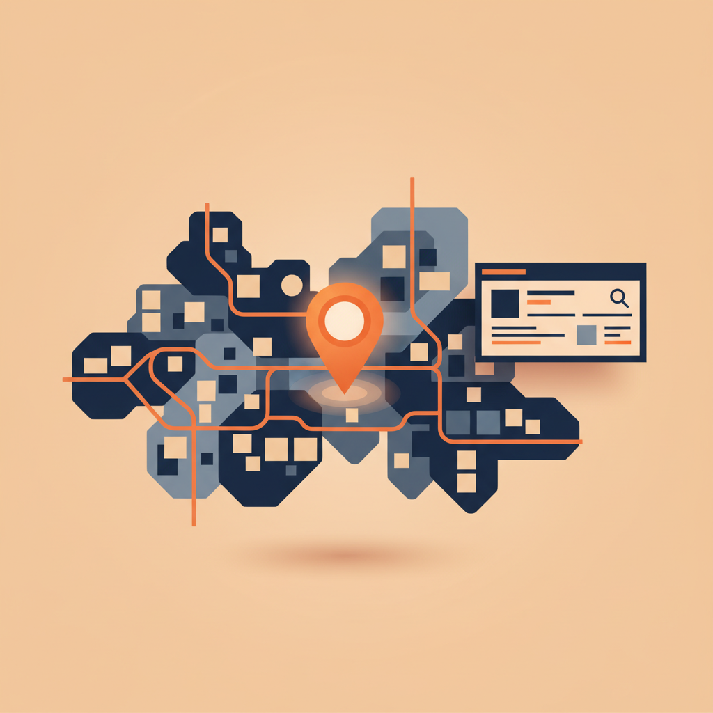 Stylized map illustration with orange location pin and floating search-result card — Phoenix Local SEO visualization