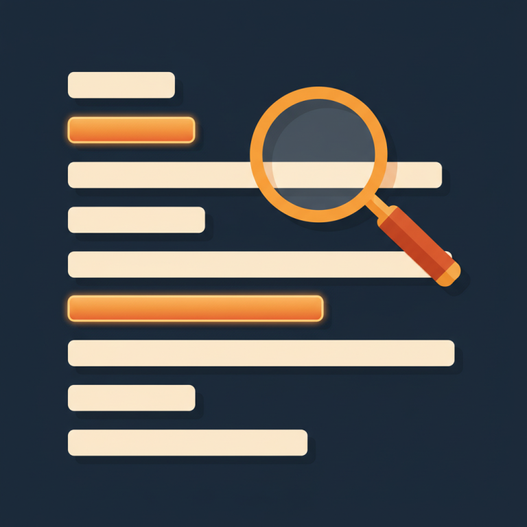 Stylized magnifying glass over a list of abstract keyword bars illustration