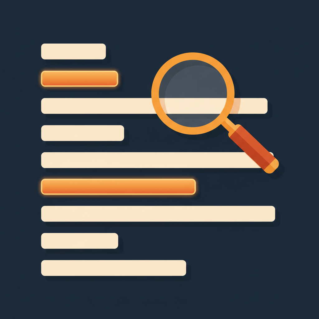 Stylized magnifying glass over a list of abstract keyword bars illustration