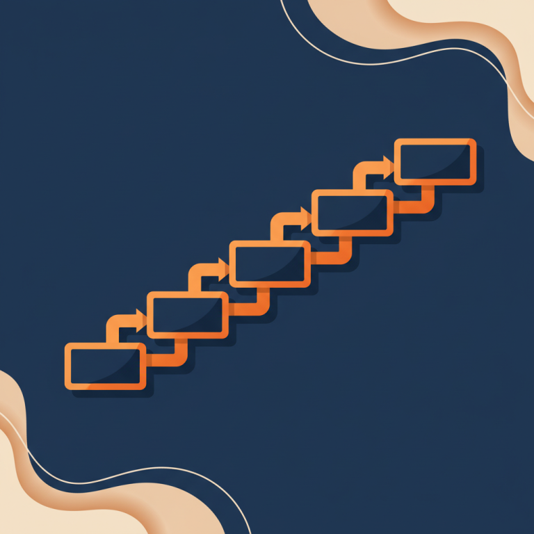 Stylized 5-step process flowchart illustration in orange and navy