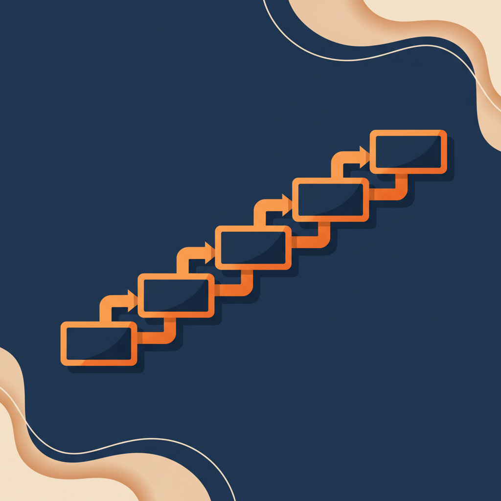 Stylized 5-step process flowchart illustration in orange and navy